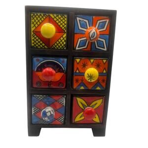 Ceramic and Wood 6 Drawer Spice/Herb Cabinet Jewelry/ Crafts Chest 8” T x 5”W